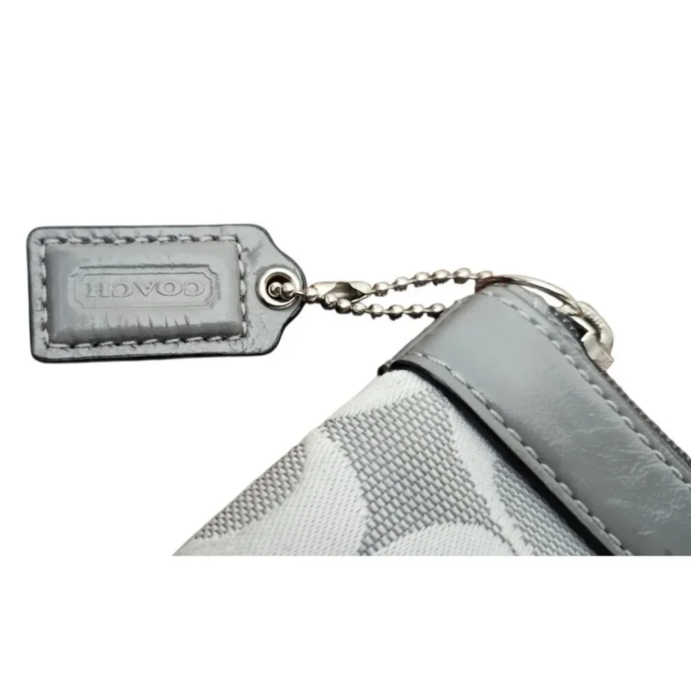 Coach Signature Wristlet Pouch Gray Canvas Leather Trim Small Clutch Wallet